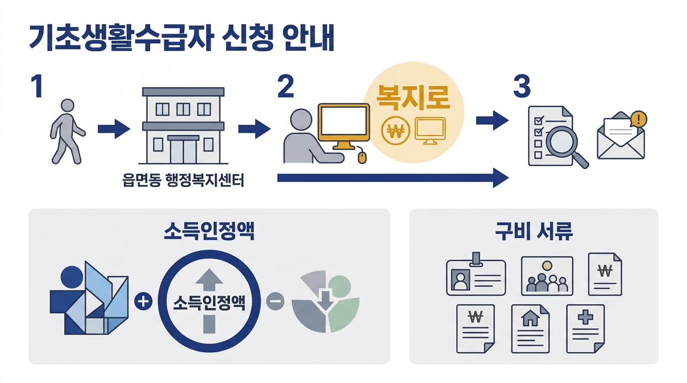 기초생활보장 신청 단계 — 주민센터·복지로 신청, 소득·재산 조사, 급여별 결정, 탈락 시 차상위 연계 흐름도