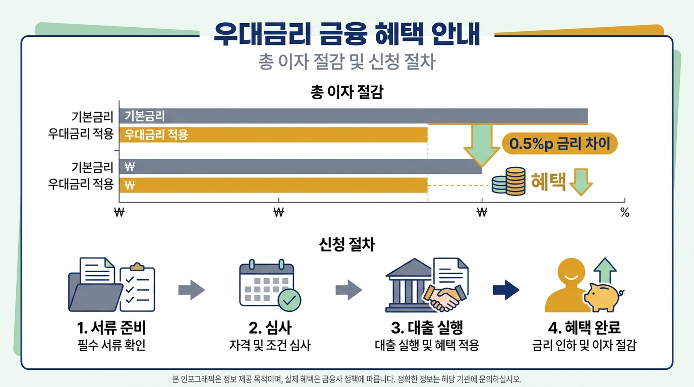 보금자리론 우대금리 시뮬레이션 — 우대 적용 전후 30년 총이자 차이 비교 흐름도