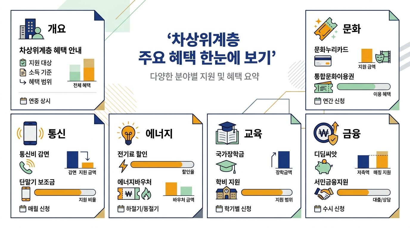 차상위계층 혜택 신청 흐름도 — 복지로·정부24 자격 확인 후 통신·에너지·교육·문화 창구별 신청 단계 안내