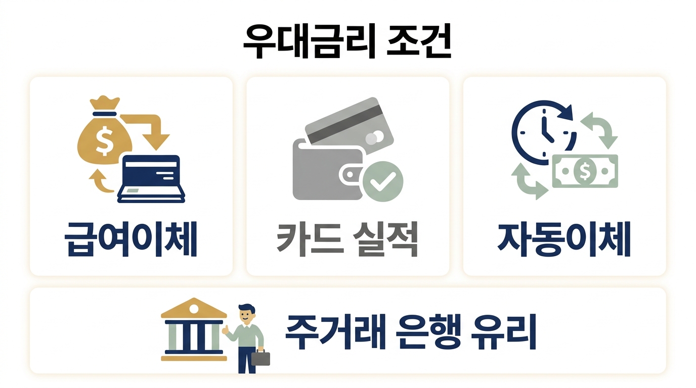 청년도약계좌 은행 우대금리 조건 — 급여이체·카드 실적·자동이체 등 공통 우대 항목과 주거래 은행이 유리한 이유를 정리한 인포그래픽