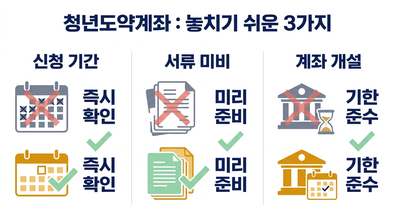 청년도약계좌 마감 전 자주 막히는 4가지 — 신청 기간 경과, 심사 지연, 계좌 개설 기한, 1인 1계좌를 비교한 체크 흐름도