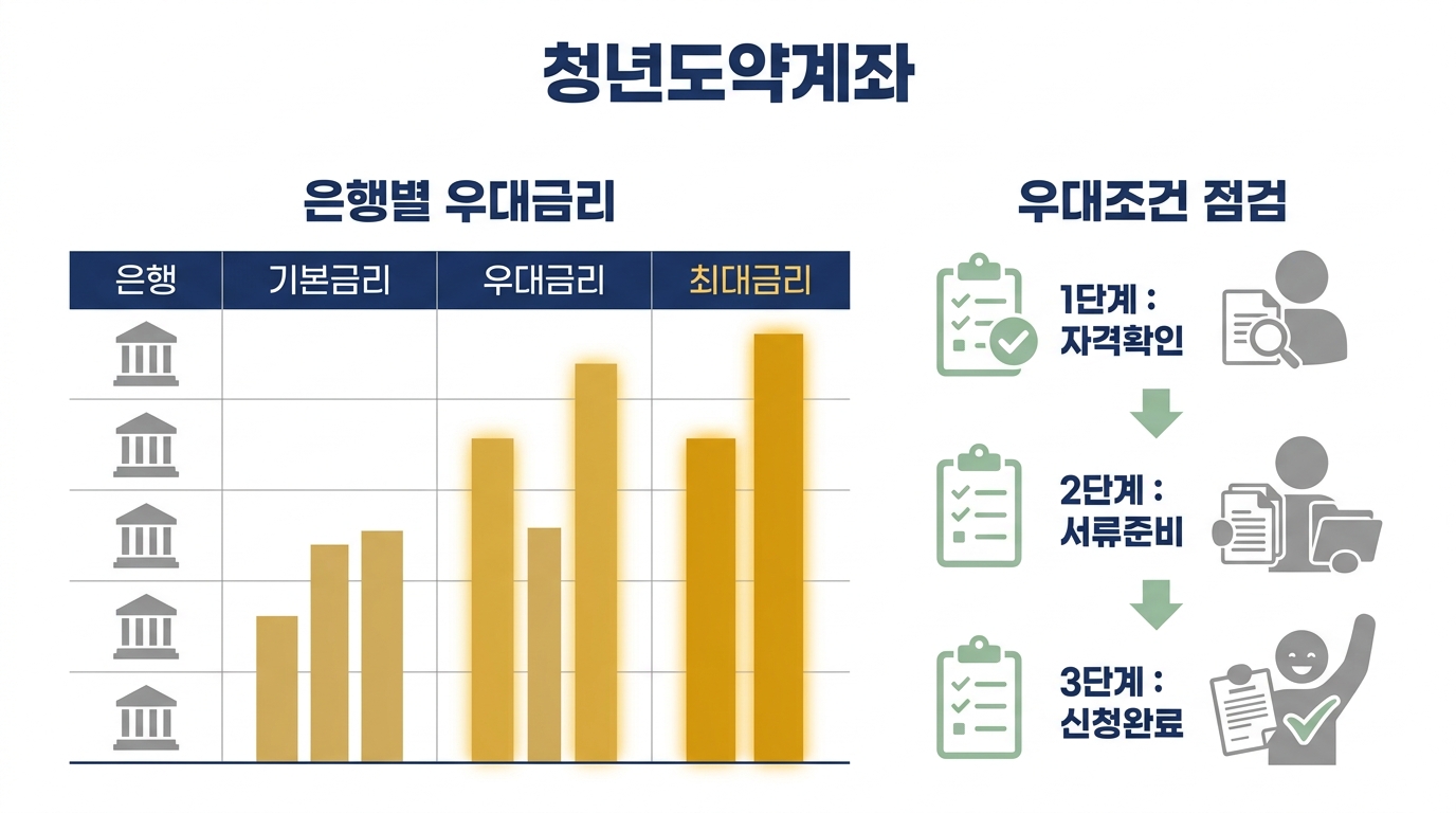 청년도약계좌 신청·우대 적용 단계 흐름 — 소득 확인, 병역 연령 특례 점검, 은행 선택, 우대금리 조건 충족 순서를 보여주는 흐름도