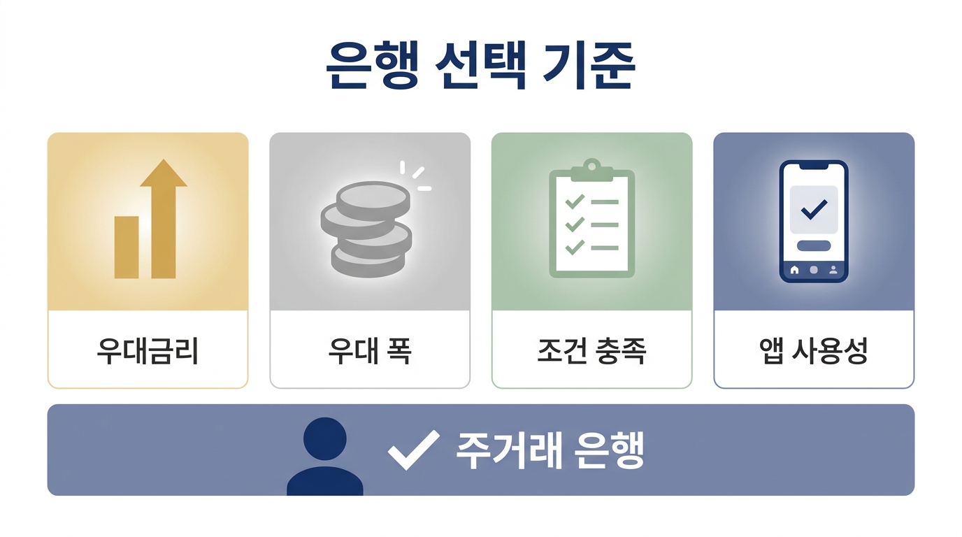 청년도약계좌 은행 선택 기준 — 우대금리 항목, 급여이체·카드 실적, 앱 사용성, 주거래 여부를 비교하는 체크리스트 흐름도