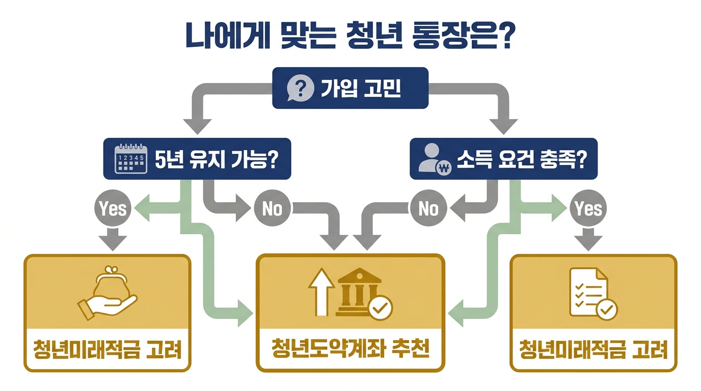 청년도약계좌 vs 청년미래적금 선택 흐름도 — 소득 요건 충족 여부, 5년 장기 유지 가능 여부, 단기·유연성 필요 여부에 따라 상품을 고르는 의사결정 단계