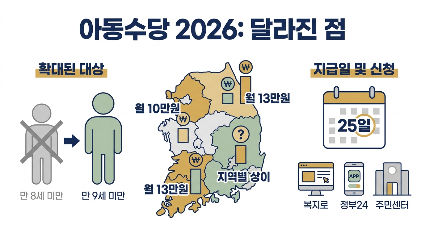 아동수당 2026 — 만 9세 미만 확대, 월 10만~13만원 지급일·신청 방법