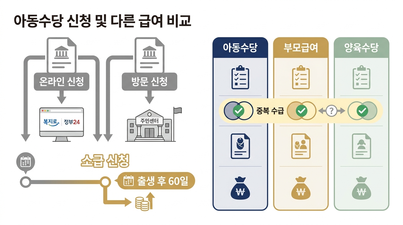 아동수당 — 온라인·방문 신청 경로와 출생 후 60일 소급 규정, 부모급여·양육수당과의 중복 수급 관계