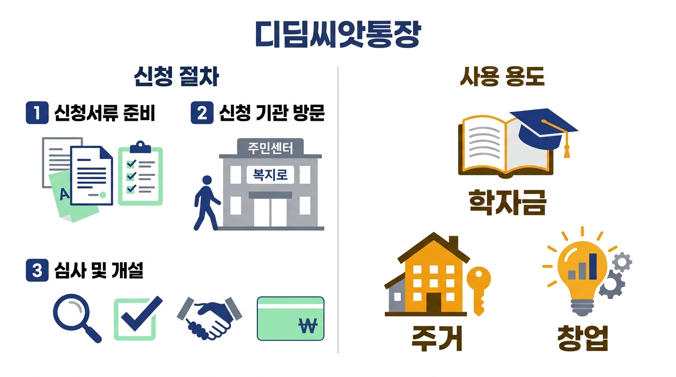 디딤씨앗통장 신청 절차와 사용 용도 — 신청서류 준비·주민센터/복지로 신청·심사 및 개설, 만기 후 학자금·주거·창업 사용까지 단계 안내
