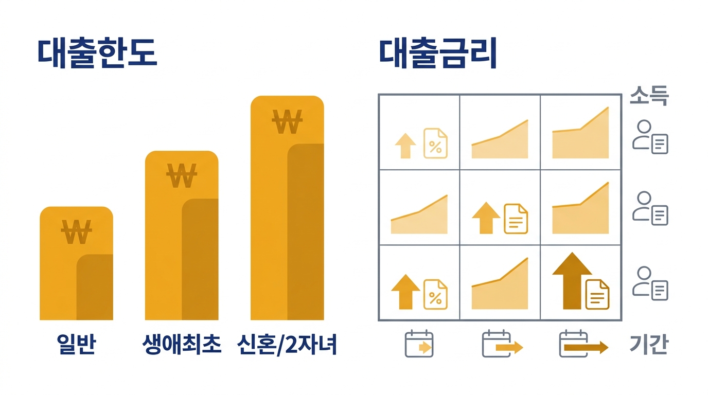 디딤돌대출 한도와 금리 구조 — 구분별 대출한도 크기 비교와 부부합산 소득 구간 × 대출기간에 따라 금리가 갈리는 방식