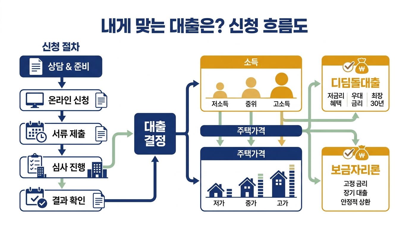디딤돌대출과 보금자리론 선택 흐름도 — 소득·집값·무주택 조건에 따라 어느 상품으로 갈지 단계별 안내