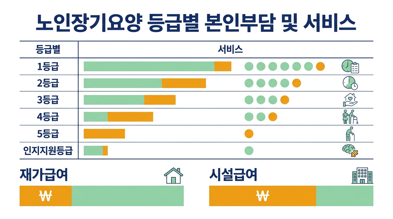 노인장기요양 신청 절차 흐름 — 신청, 방문조사, 의사소견서, 등급판정, 서비스 이용 단계도