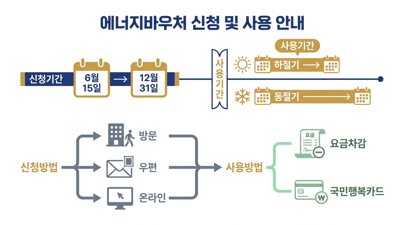 에너지바우처 2026 — 복지로 온라인·행정복지센터 방문·직권신청 세 경로의 신청 단계 흐름도