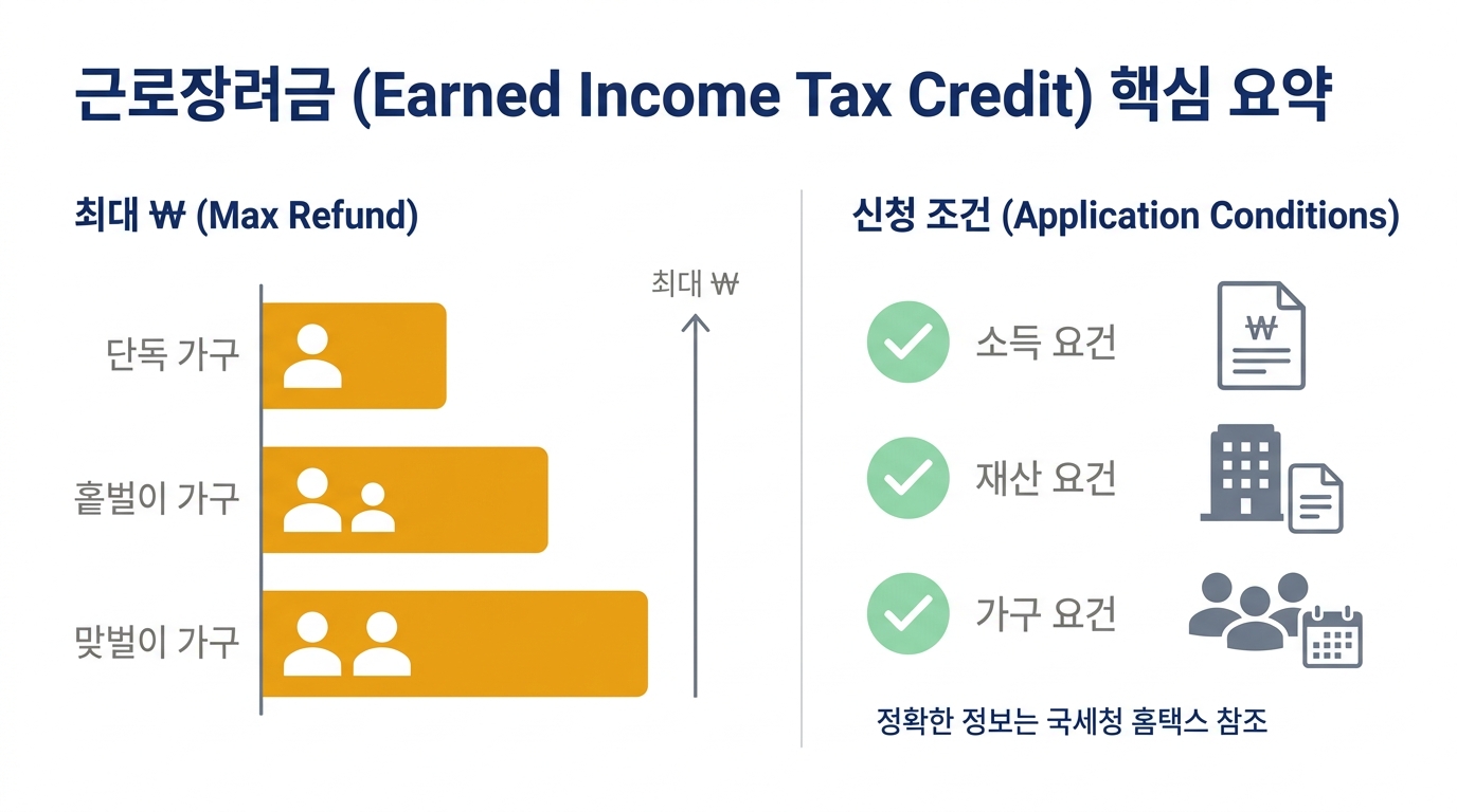 근로장려금 가구 유형별(단독·홀벌이·맞벌이) 최대 환급액 + 자격 조건 인포그래픽