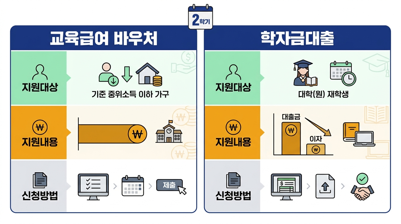 2학기 개학 전 챙길 교육급여 바우처와 학자금대출 비교 — 지원대상·지원내용·신청방법을 나란히 정리한 인포그래픽