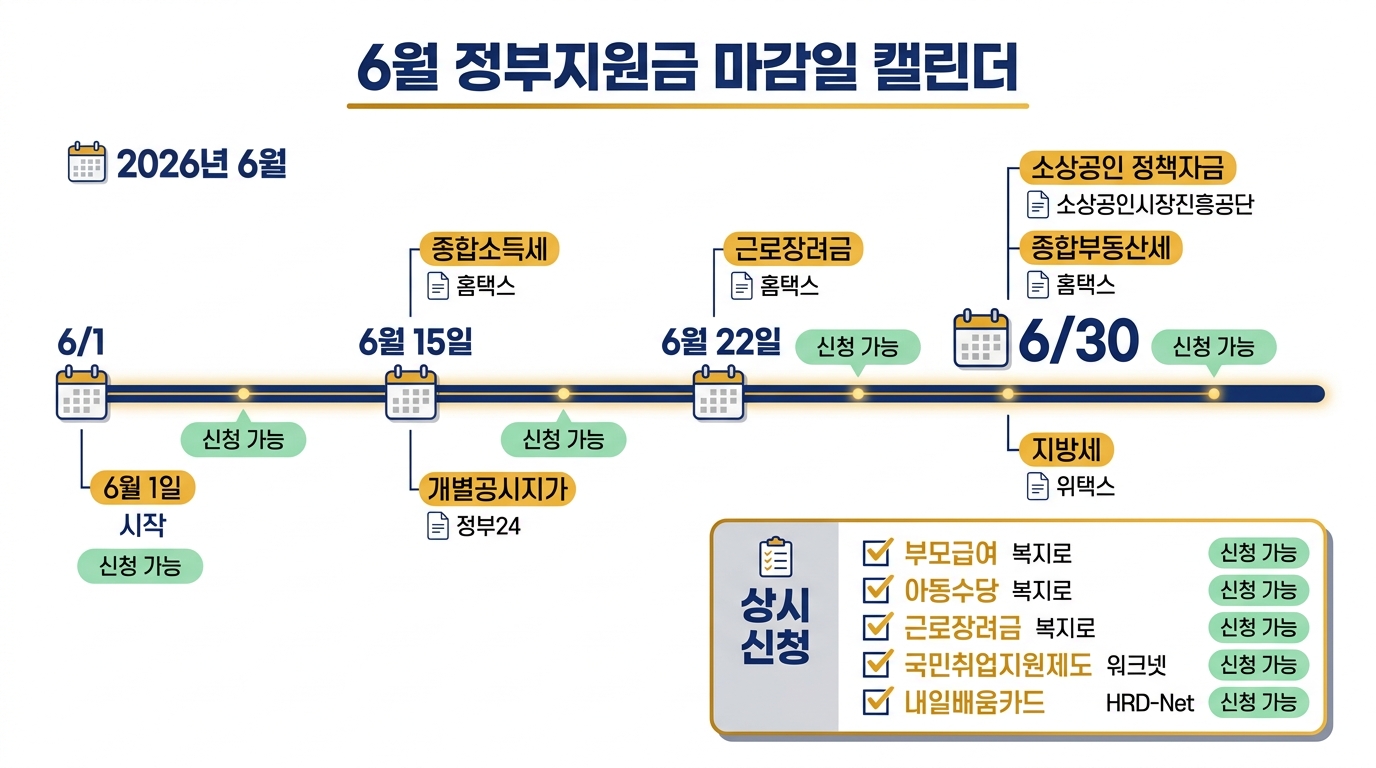 6월 정부지원금 신청 캘린더 2026 — 마감일 한눈에 정리