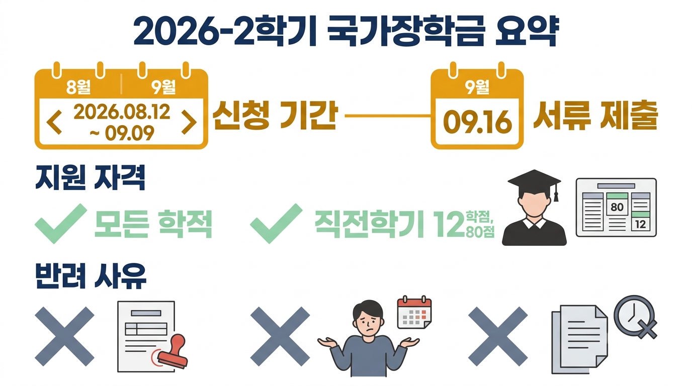국가장학금 2차 신청 2026 — 2학기 9월 9일 마감, 소득구간·금액·서류 총정리