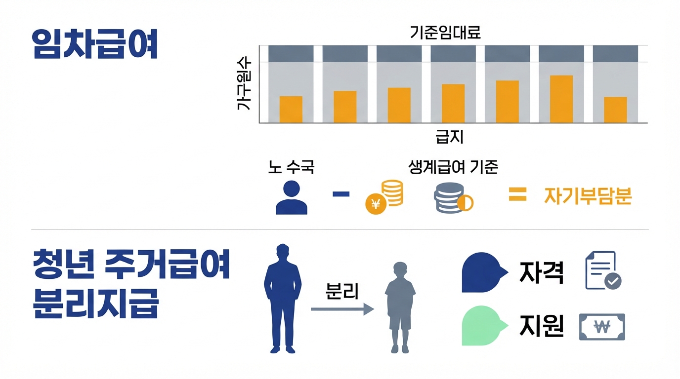 주거급여 — 급지·가구원수에 따라 달라지는 기준임대료 상한과 생계급여 기준 초과분에서 빠지는 자기부담분 구조, 따로 사는 자녀를 위한 청년 주거급여 분리지급