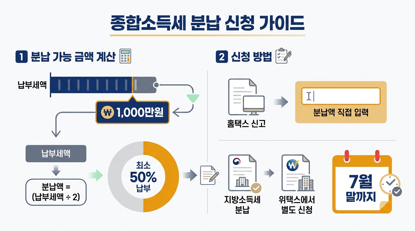 종합소득세 분납 신청 단계 — 홈택스 신고 화면에서 분납액 입력부터 7월 분납분 납부까지 흐름