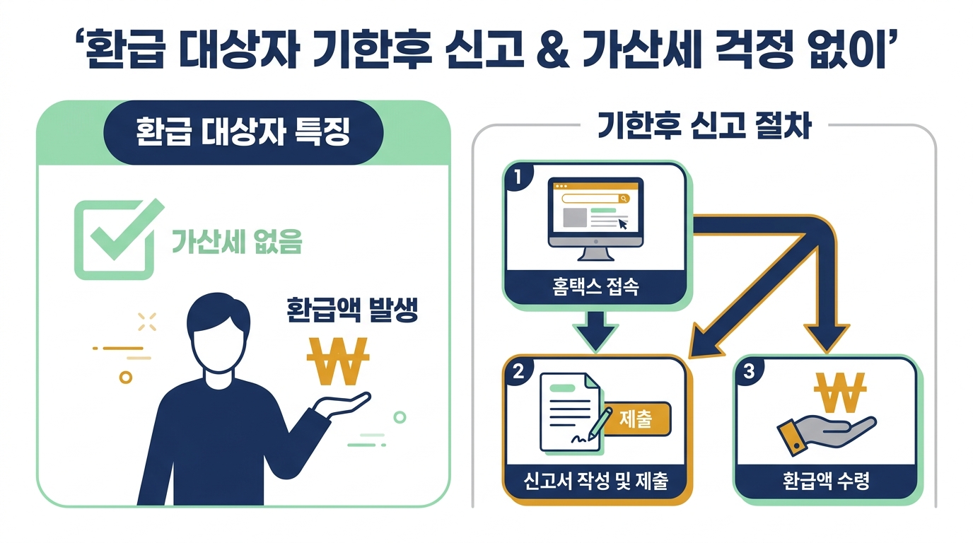 종합소득세 기한후 신고 절차 — 홈택스 로그인부터 신고서 작성·납부·환급 수령까지 단계 흐름도