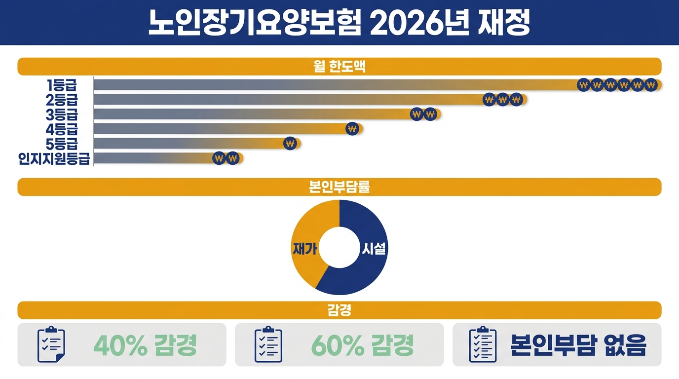 노인장기요양보험 2026 재정 구조 — 등급별 월 한도액 크기 비교, 재가·시설 본인부담률, 40%·60% 감경과 본인부담 없음 구간