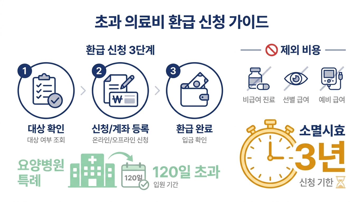 본인부담상한제 2026 — 대상 조회부터 계좌 등록·지급까지 신청 단계 흐름도