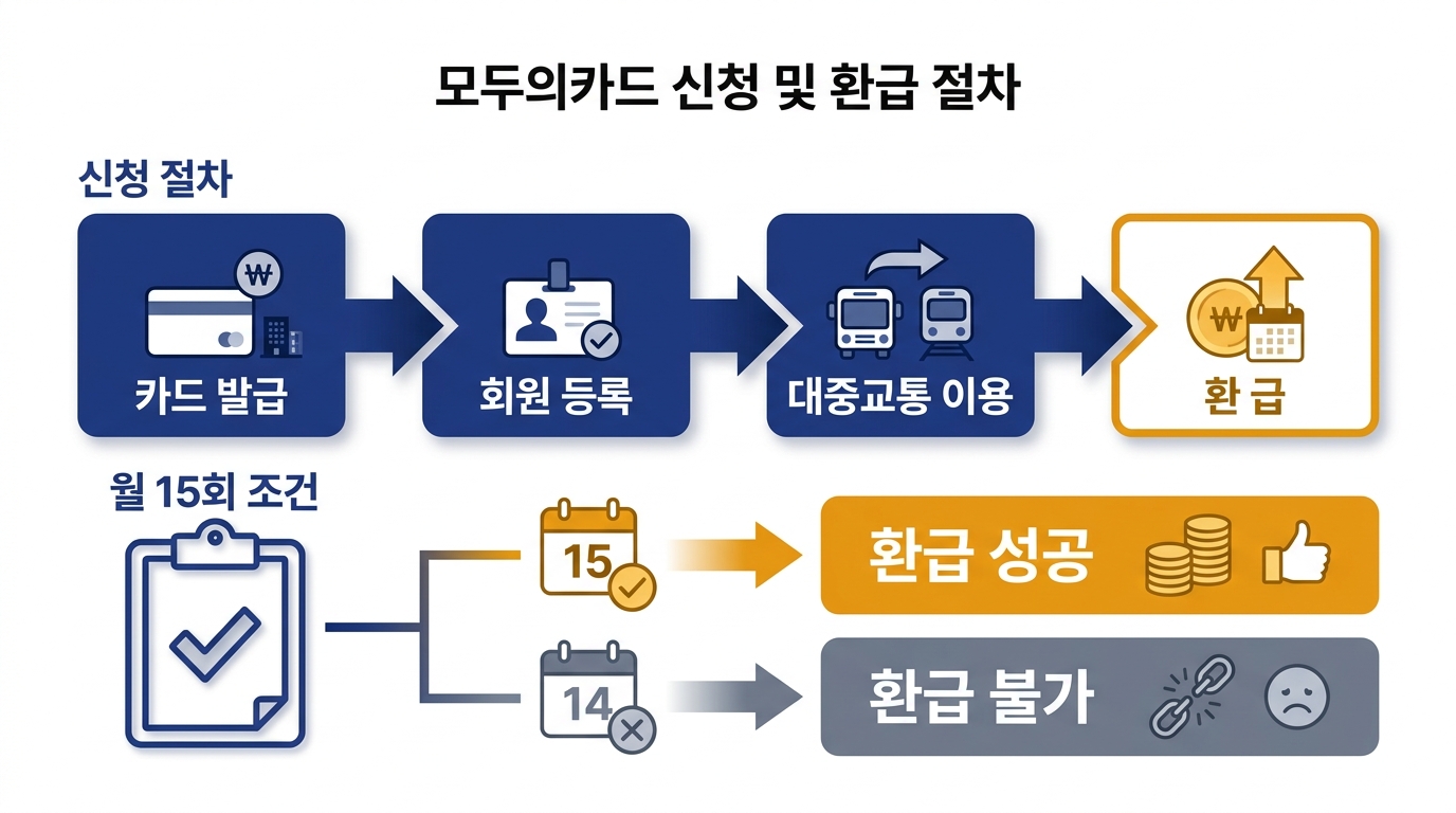 모두의카드 신청 흐름 — 카드 발급, 누리집·앱 회원가입, 카드 등록, 월 15회 이용, 익월 환급으로 이어지는 5단계 절차도