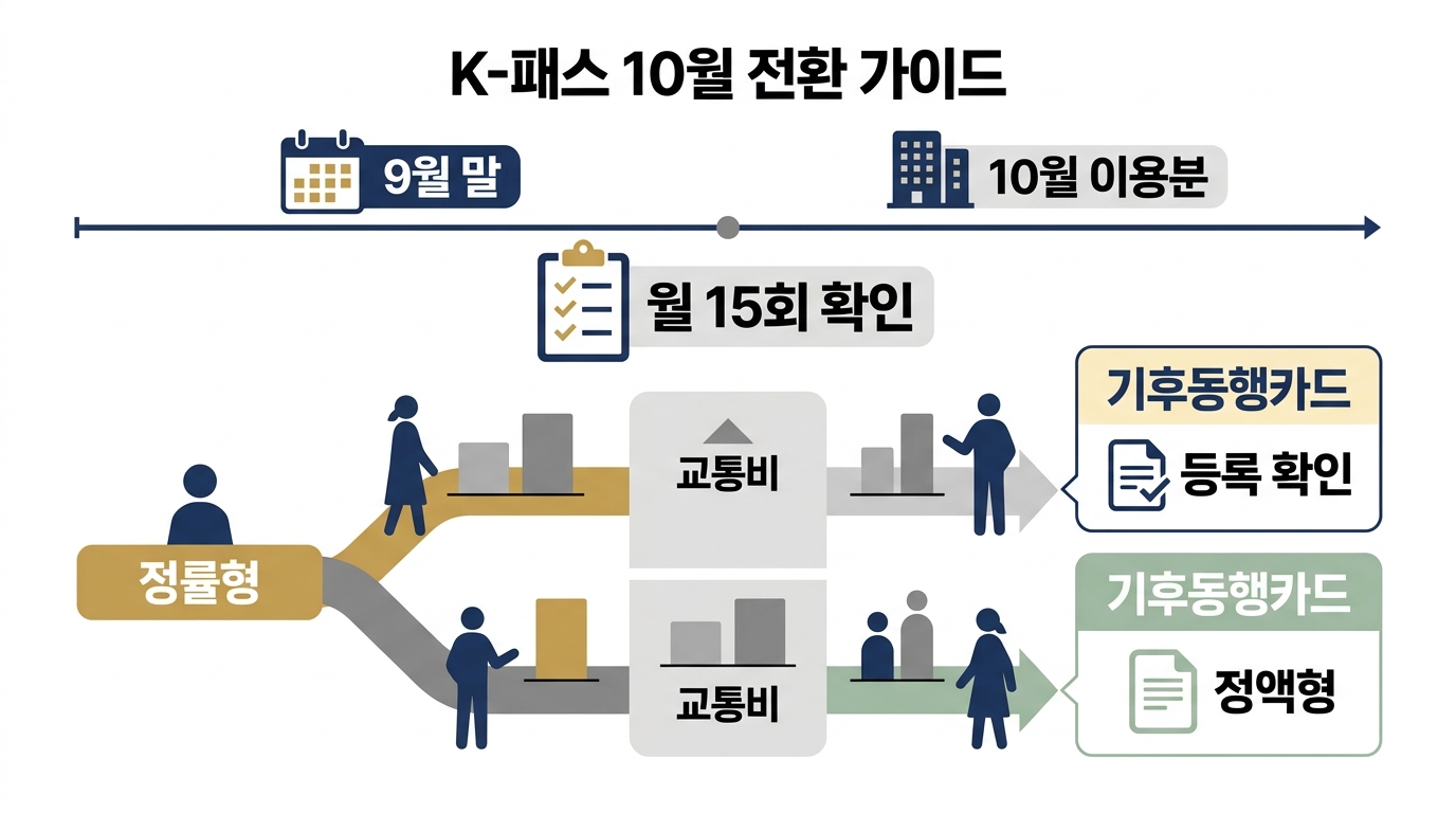 모두의카드 10월 대응 흐름 — 9월 이용 횟수 확인, 기준금액 원복 확인, 정률형·정액형 유형 재점검, 기후동행카드 전환 등록 확인의 4단계 점검 순서도