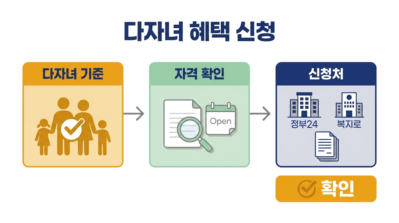 다자녀 혜택 신청 흐름 — 다자녀 기준 확인, 자격 확인, 정부24·복지로 신청처
