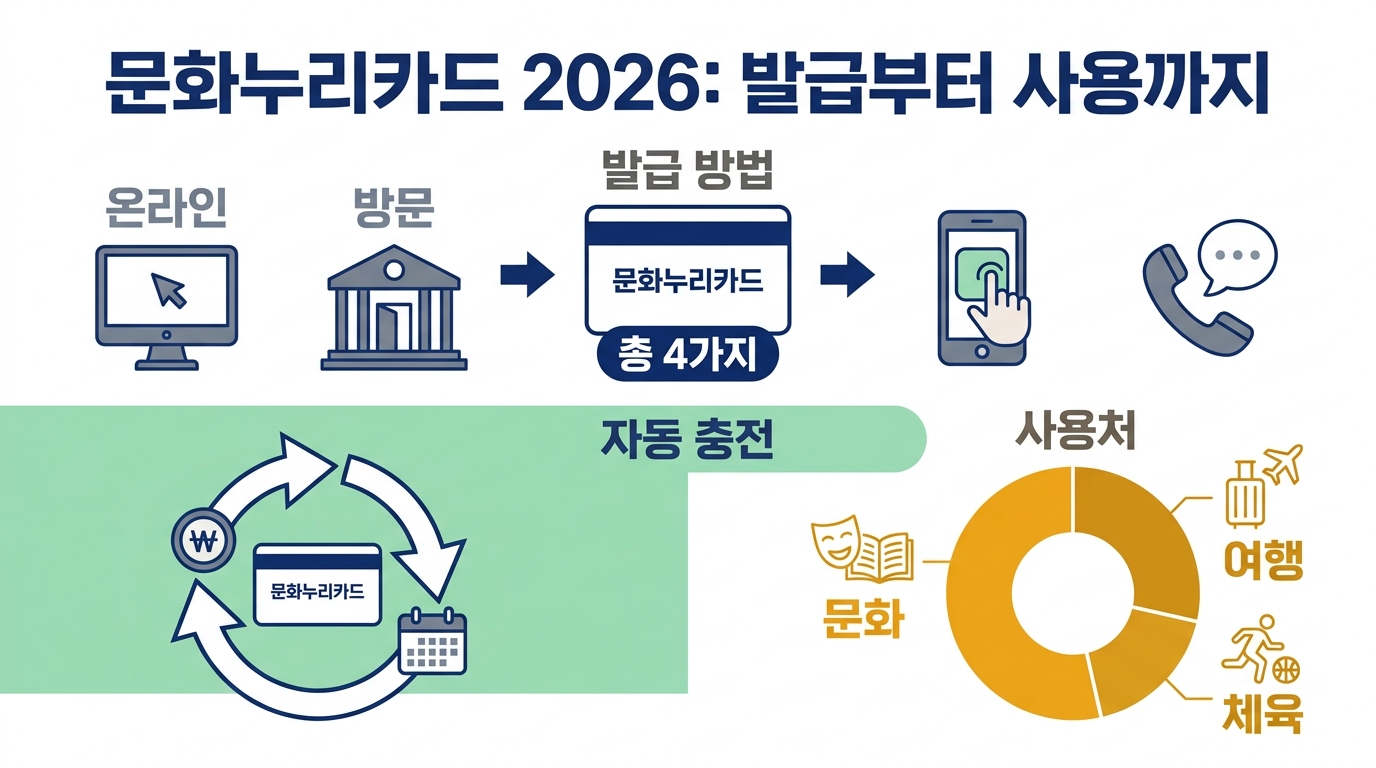 문화누리카드 2026 — 주민센터 방문·누리집·모바일 앱·전화 ARS 재충전으로 나뉘는 발급 경로와 단계 흐름도