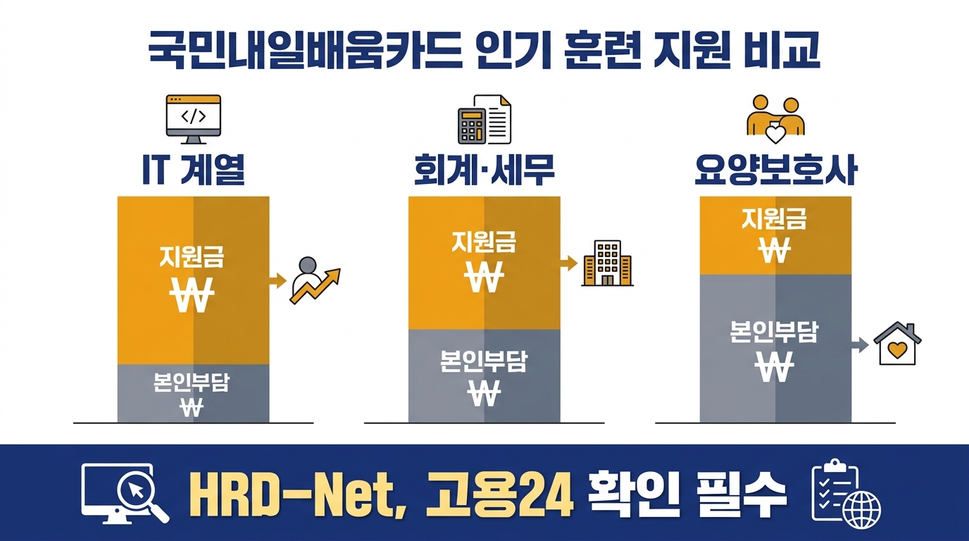 국민내일배움카드 신청·수강 4단계 흐름 — 카드 발급, 과정 검색, 수강 신청, 취업·자격 연계
