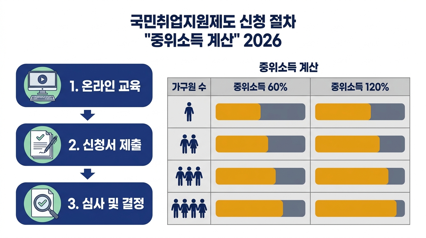 국민취업지원제도 신청 절차 — 온라인 교육, 신청서 제출, 심사 및 결정 3단계와 가구원 수별 중위소득 60%·120% 기준 비교표