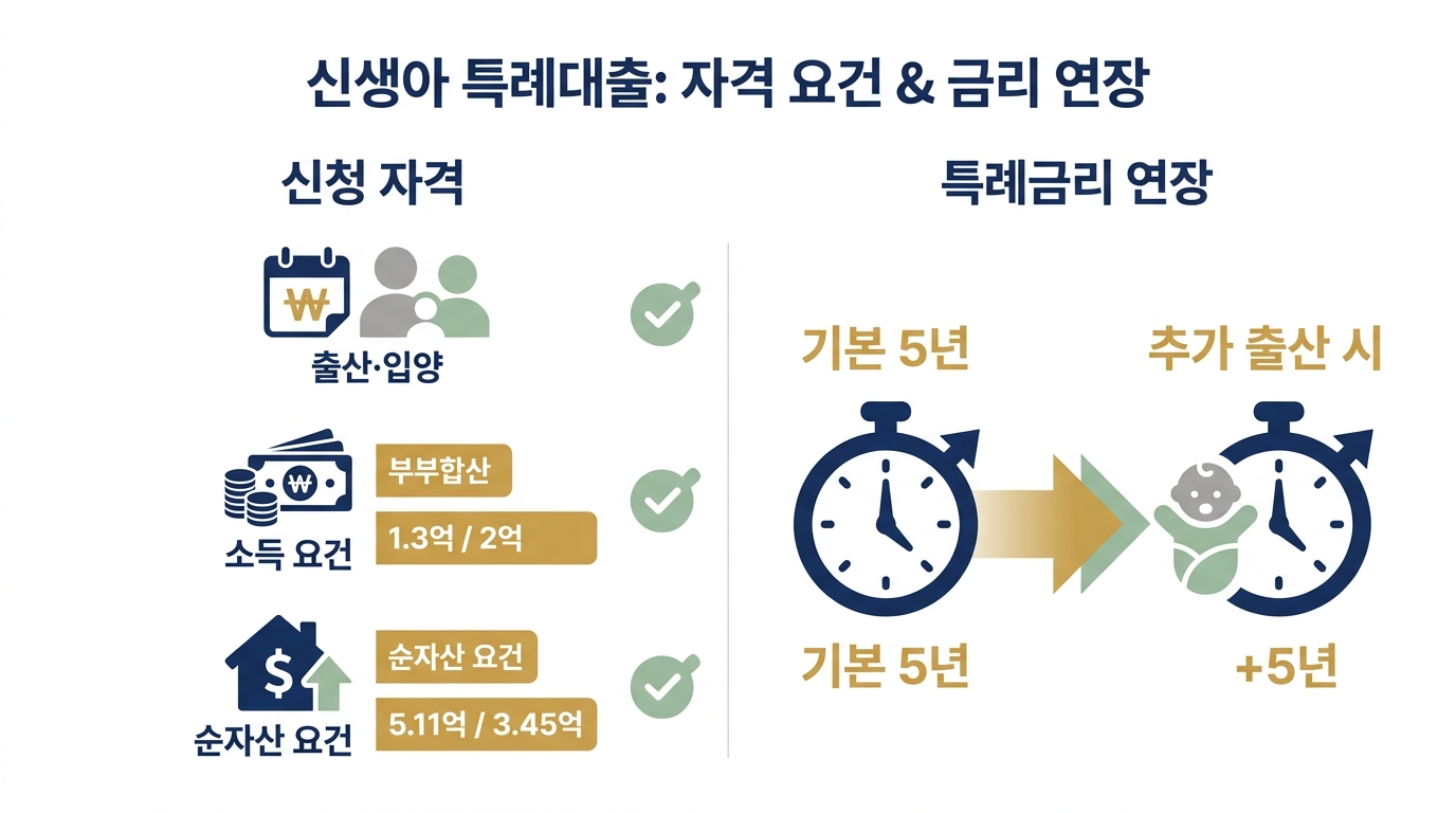 신생아 특례대출 자격 요건과 특례금리 연장 — 출산·입양, 부부합산 소득 1.3억/2억, 순자산 5.11억/3.45억 요건과 기본 5년에서 추가 출산 시 5년 연장되는 구조