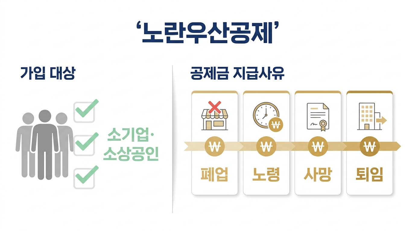 노란우산공제 가입 대상과 공제금 지급사유 — 소기업·소상공인 대표라는 가입 요건과 폐업·노령·사망·퇴임 네 가지 지급사유 흐름