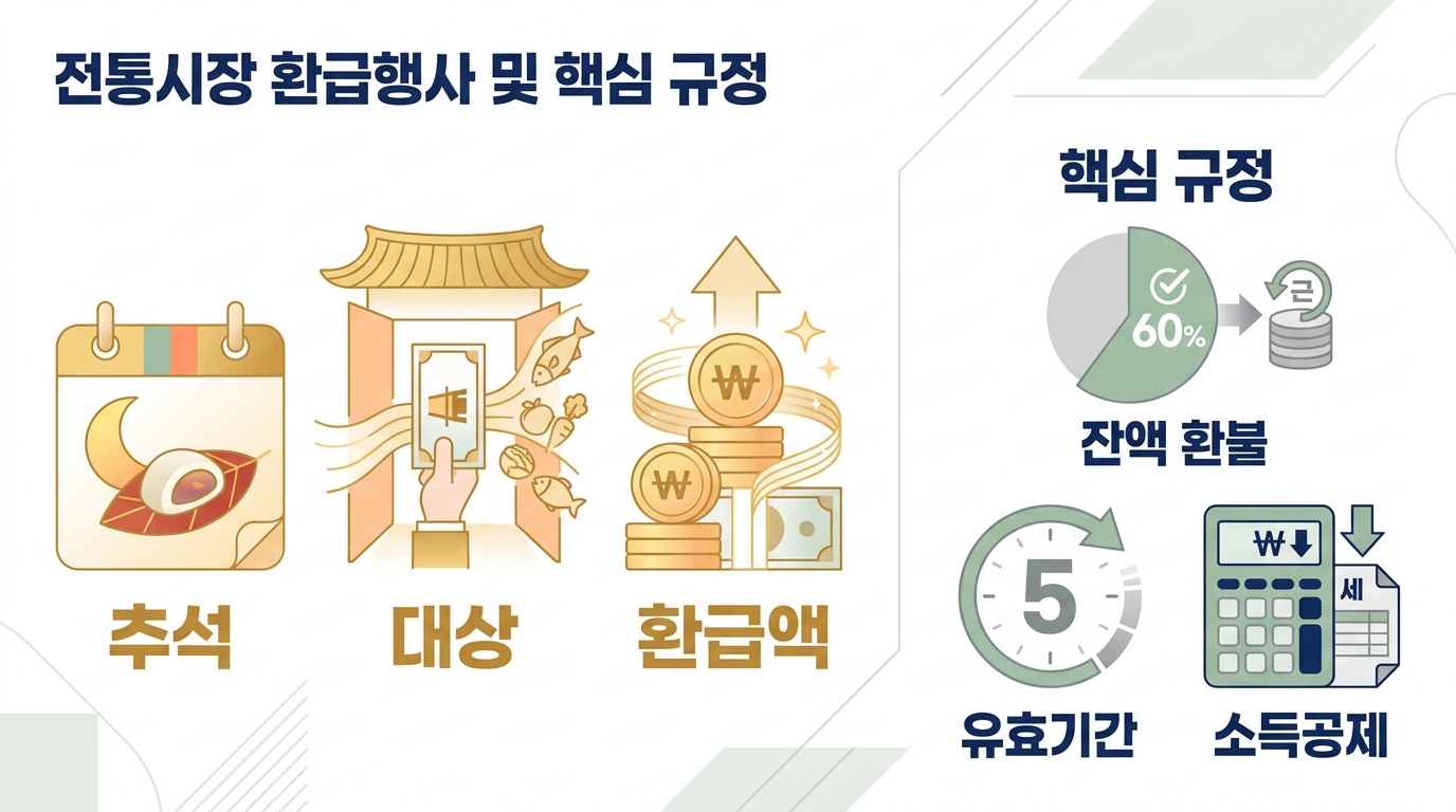 온누리상품권 2026 — 전통시장 환급행사 대상과 잔액 환불 60%·유효기간·소득공제 규정 정리