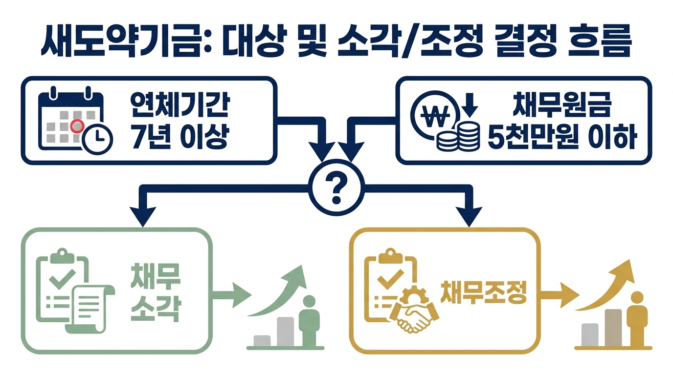 새도약기금 대상 요건과 결정 흐름 — 연체기간 7년 이상·채무원금 5천만원 이하 요건에서 채무 소각과 채무조정으로 갈리는 절차도