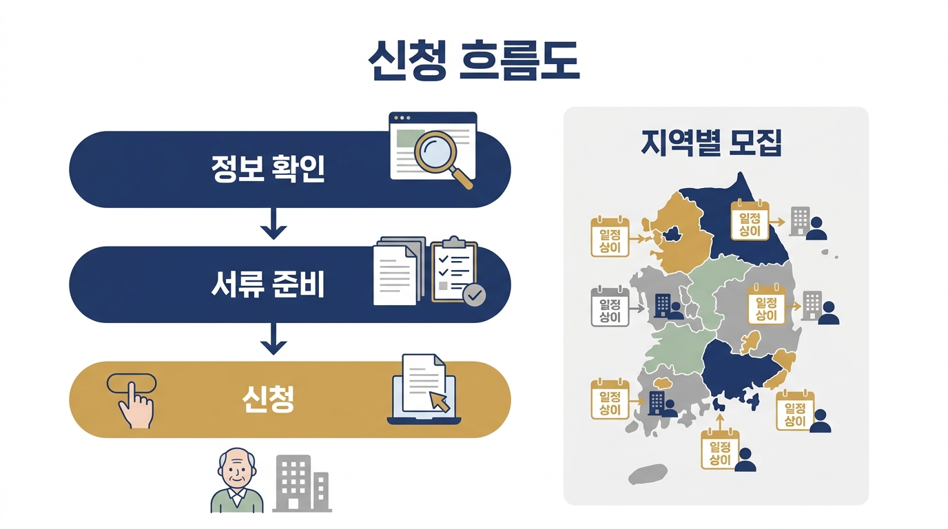 노인일자리 신청 단계 흐름 — 모집 공고 확인부터 복지로·행정복지센터 신청, 선발, 활동 시작까지의 순서를 보여주는 흐름도
