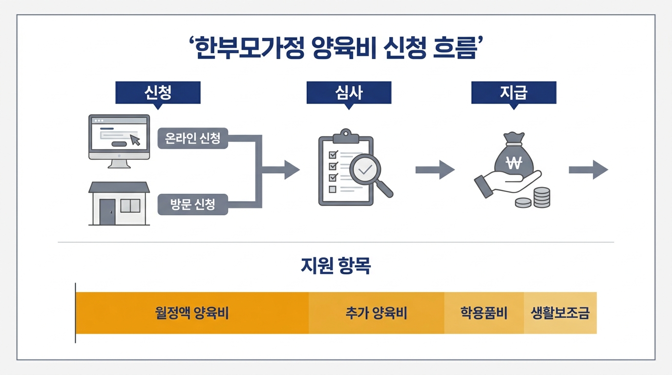 한부모가정 양육비 신청 흐름도 — 복지로·주민센터 자격 신청부터 양육비이행관리원 이행 지원까지 단계 안내
