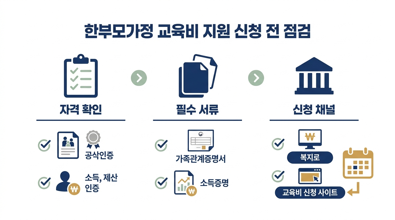 한부모가정 교육비 지원 신청 전 점검 — 자격 확인·필수 서류·신청 채널 3단계 흐름