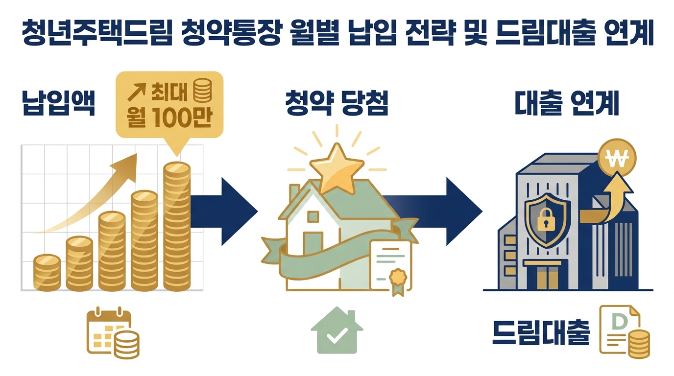 청년주택드림 청약통장 신청·활용 단계 — 가입 자격 확인, 은행 방문/비대면 가입, 월 납입, 청약 신청, 당첨 후 대출 연계까지의 흐름도