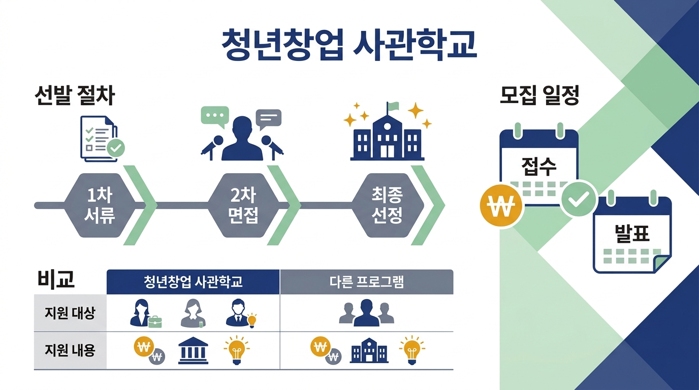청년창업 사관학교 선발 절차 — 온라인 접수, 서류 평가, 발표 평가, 선발·입교로 이어지는 단계별 흐름도